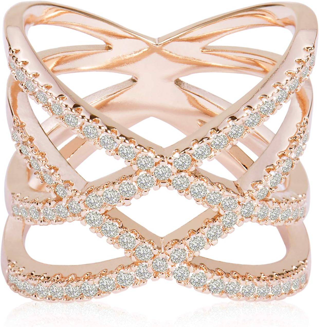 LEMON GRASS Rose Gold Plated Double Criss Cross Ring with Cubic Zirconia | Pave Crossover Fashion Band