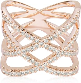 Rose Gold Plated Double Criss Cross Ring with Cubic Zirconia | Pave Crossover Fashion Band