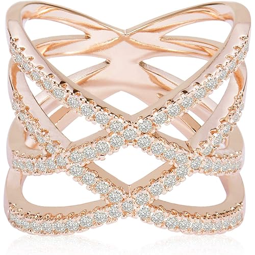 LEMON GRASS Rose Gold Plated Double Criss Cross Ring with Cubic Zirconia | Pave Crossover Fashion Band