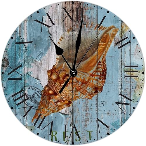 ArogGeld Reloj de pared colgante de PVC con diseño de concha vintage con números romanos de 12 pulgadas funciona con pilas estilo mediterráneo para