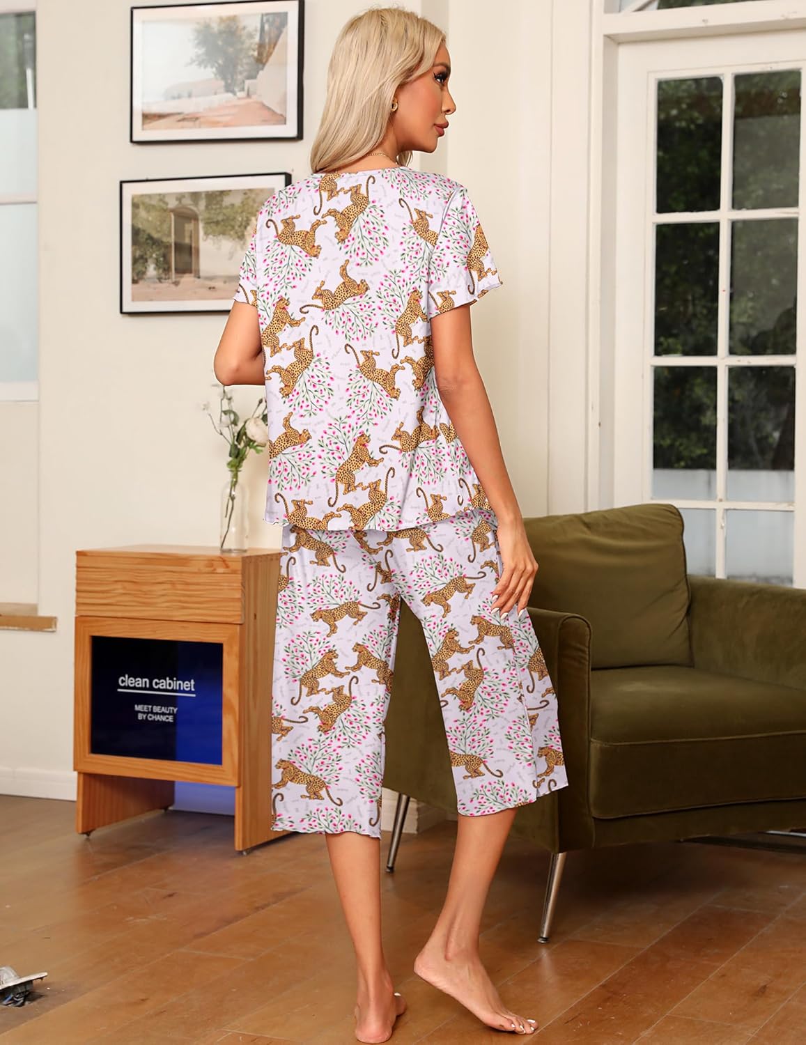 Ekouaer Pajama Set for Women 2 Piece Capri Pants Short Sleeve Top Sleepwear Soft Pjs Loungewear with Pockets S-3XL - Image 4