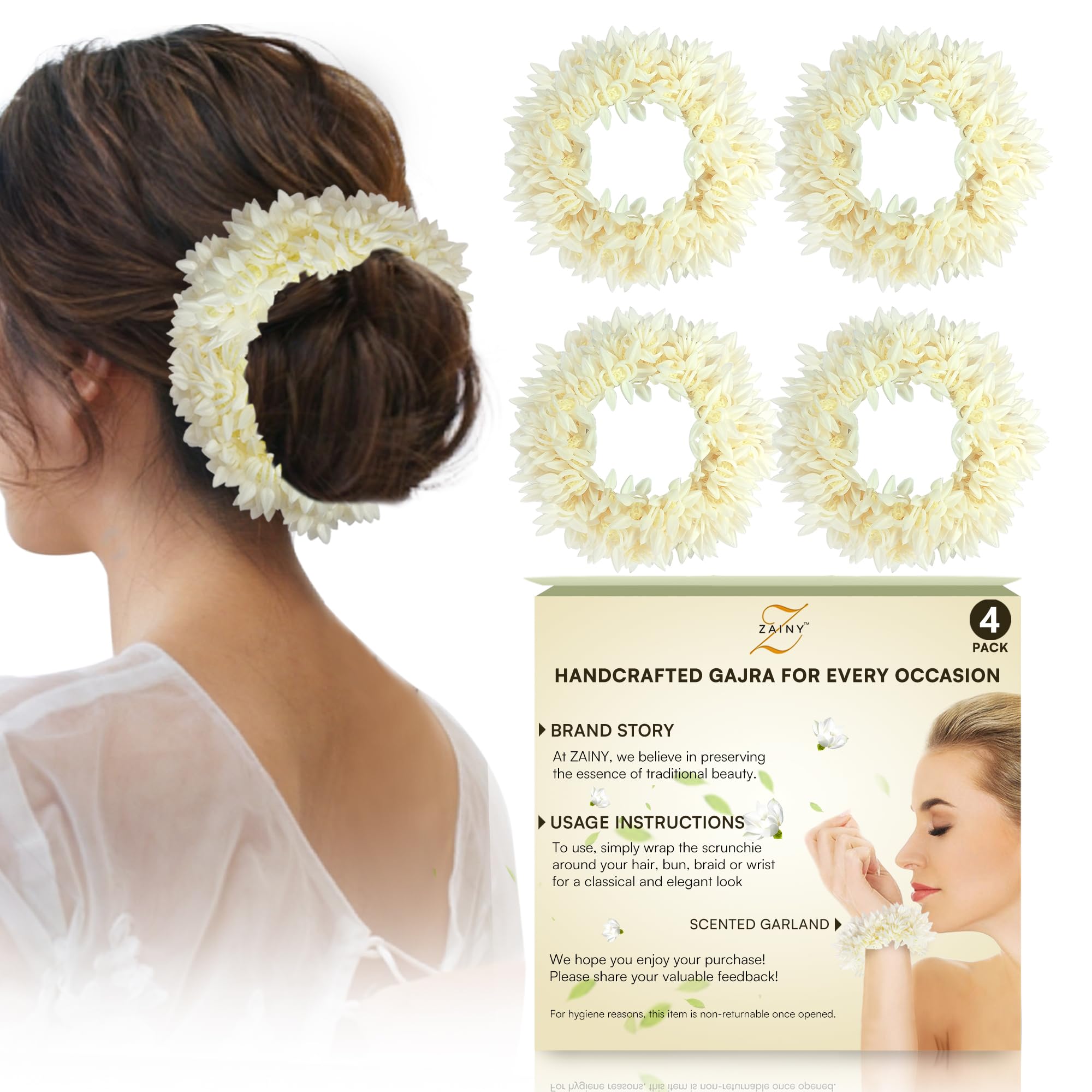 ZAINY 4 Pack Mogra Artificial Gajra for Hair Indian Bun Braid, Traditional Veni Scrunchies, Scented Jasmine Flowers, Bridal Hair Accessories for Women, White Wedding Scrunchie - Floral Girl Accessory