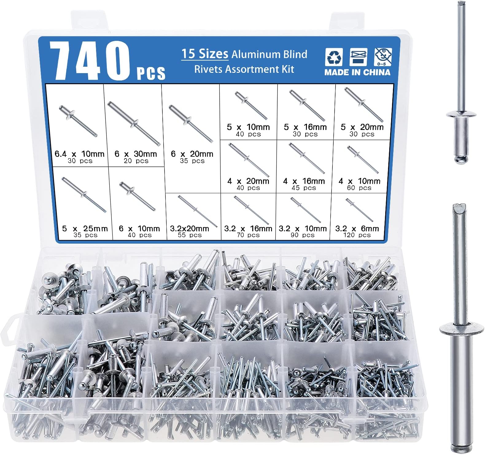 740pcs Aluminum Blind Rivets Kit 15 Sizes,6.4mm/6mm/5mm/4mm/3.2mm Aluminum Blind Rivets Dome Head Rivet Open End Pop Rivets Core Pulling Rivets for Furniture Machinery Electrical appliances