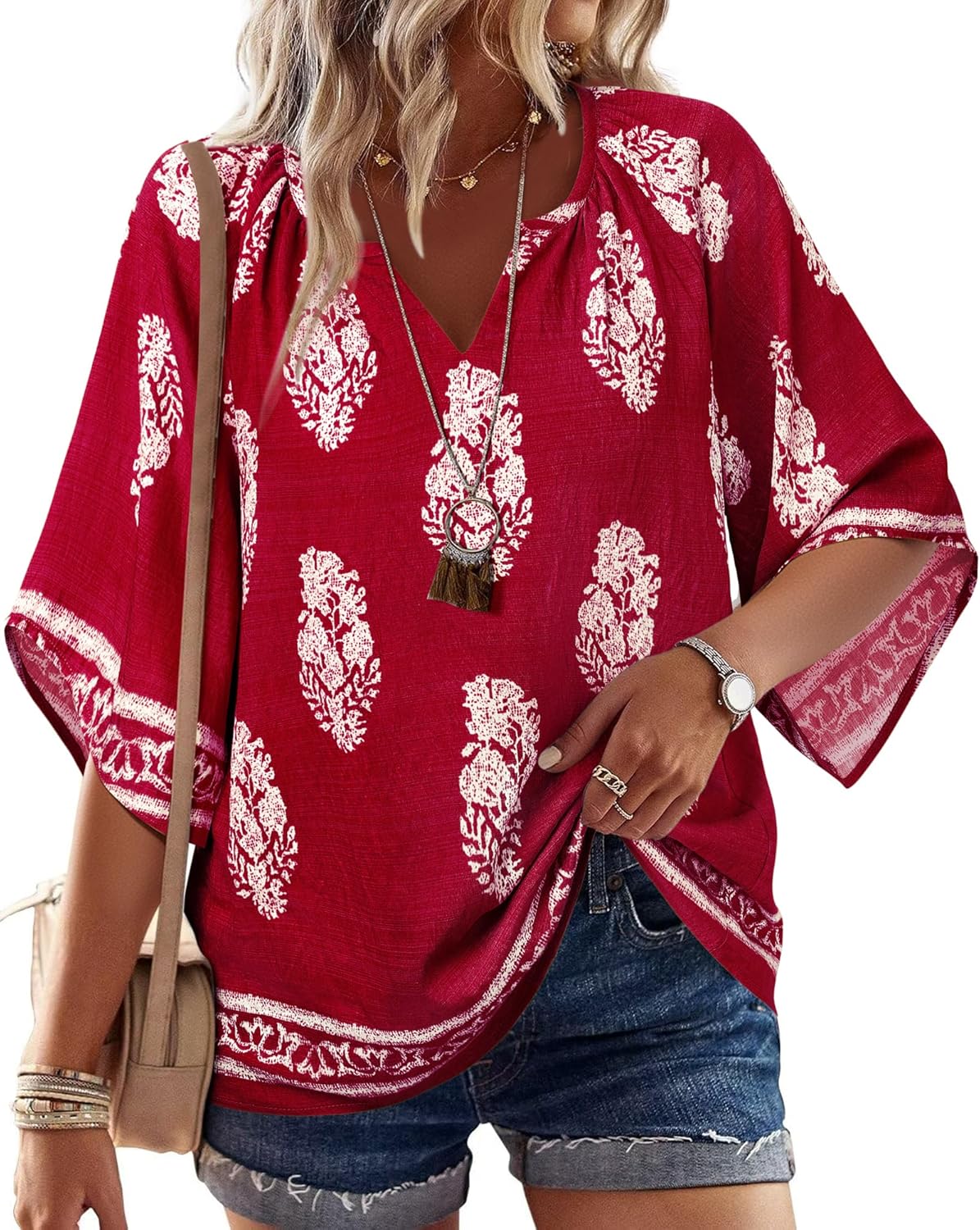 Bebonnie Womens 3/4 Sleeve V Neck Bohemian Peasant Blouses Casual Loose Fit Tunic Tops