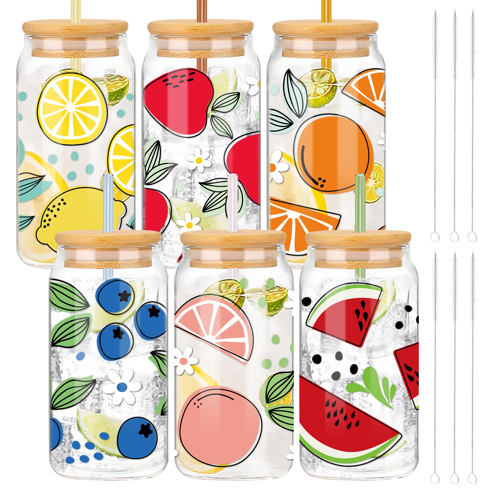 Amazon.com: Whaline 6Pcs Fruit Drinking Glasses Colorful Fruit Glass Cup  16oz Iced Coffee Cup with Lids and Straw for Summer Cocktails Whiskey Beer  Soda Gifts : Home & Kitchen