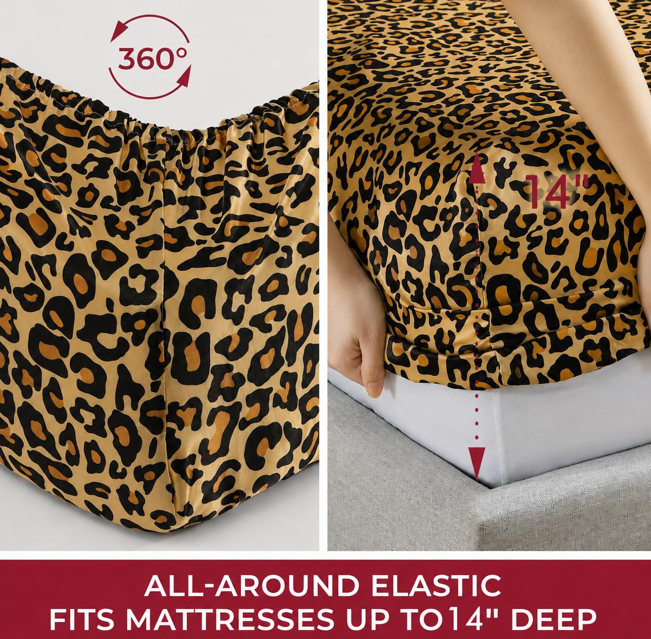 Elite Home Products, Inc. - Set di lenzuola lussuose in raso, 4 pezzi, per letto matrimoniale, motivo leopardato
