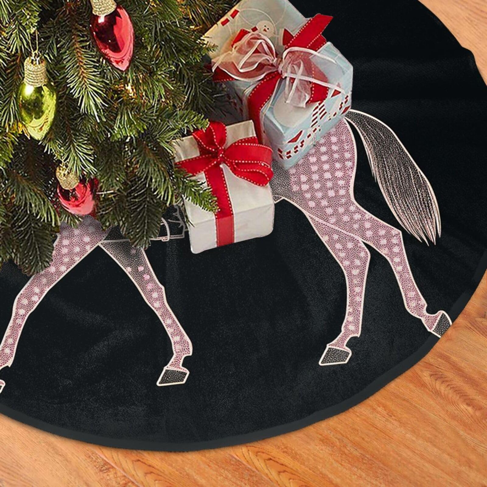 Fodpand Black Dressage Dressage Rider Horse Christmas Tree Skirt 48" Velvet Xmas Tree Skirt Mat Rustic Christmas Tree Mat Cover Winter Xmas Tree Collar For Indoor Outdoor Christmas Decorations