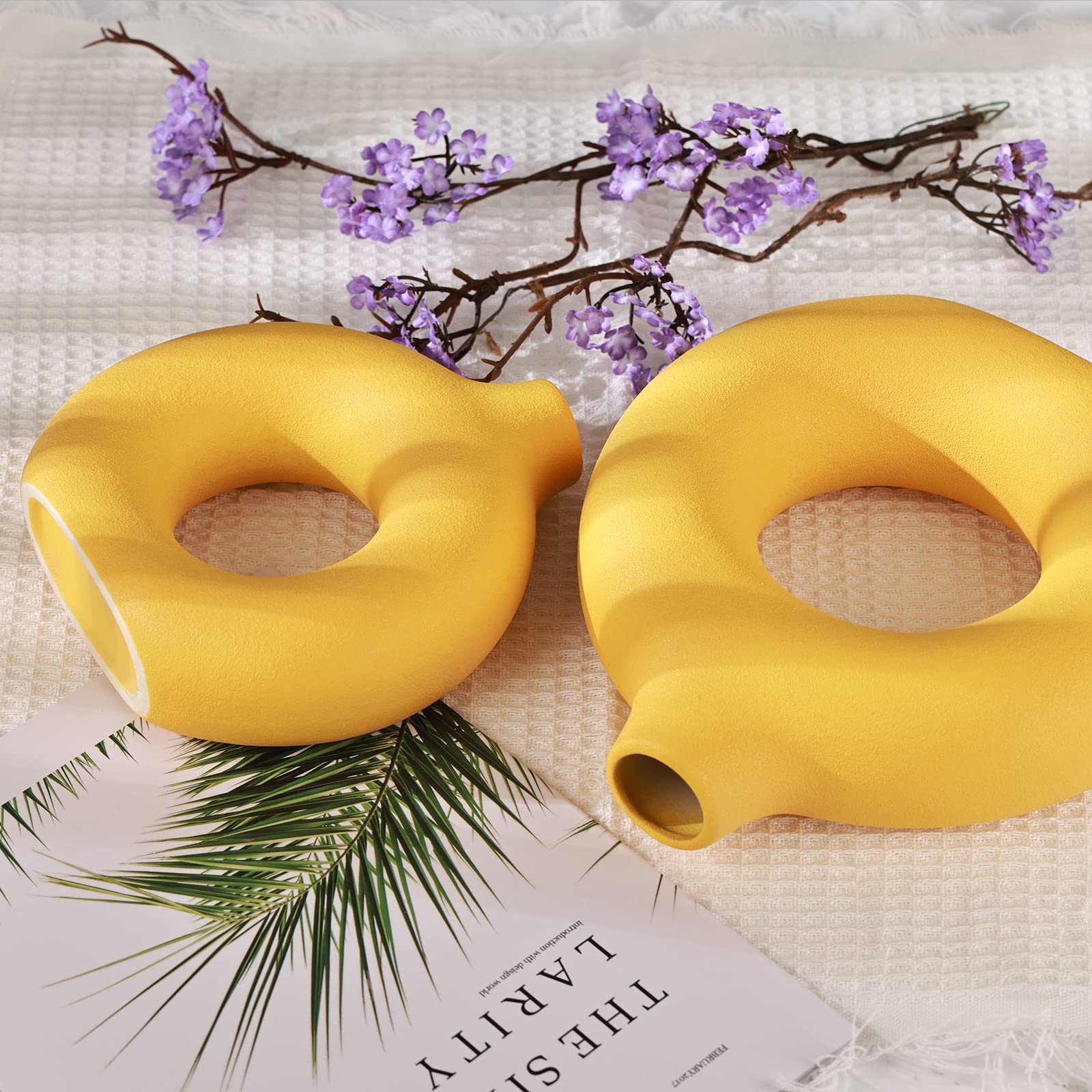 Donut-Vasen, kreisförmige Matte Keramikvase für Eingangsbereich, Wohnzimmer, Schlafzimmer, Esstisch, Tischdeko, Büro, Wohndeko, Gelb, 2er-Set