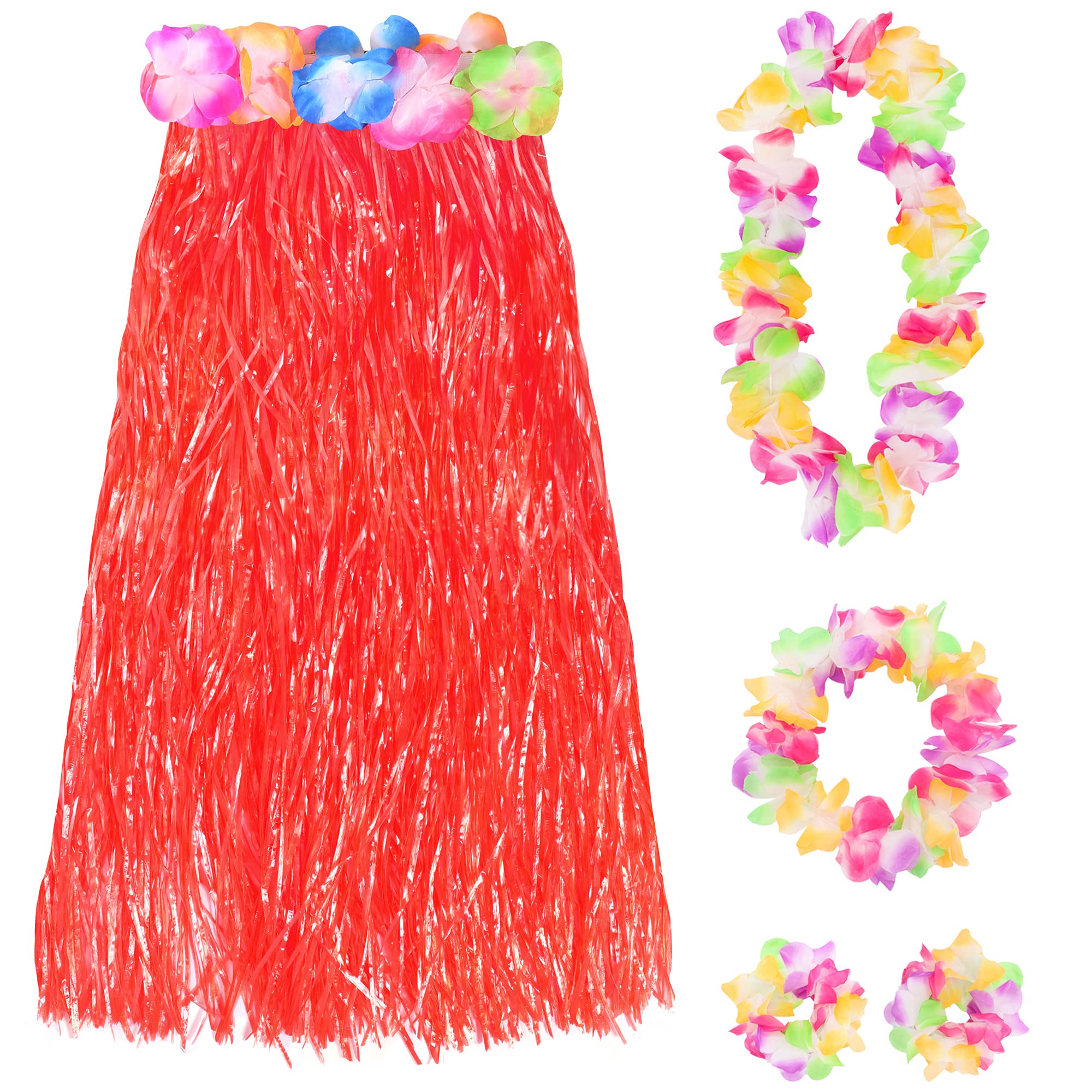 Red Hawaiian Hula Skirt and Multicoloured Lei Set X1 - Flower Necklace, Headband and Bracelet - 80cm Grass Hula - Luau - Fancy Dress Costume Accessory โ image 1