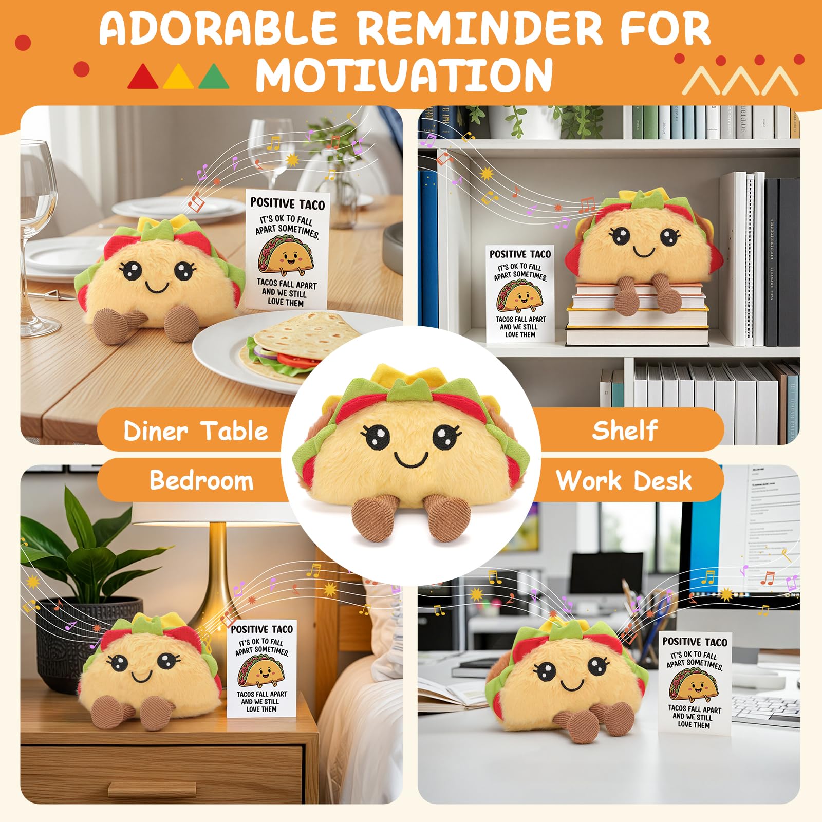 Taco Stuffed Toy with Sound, Stuffed Food Plush for Emotional Daily Support, Fun Gag Gift Positivity Idea for Birthday Coworker Office Christmas