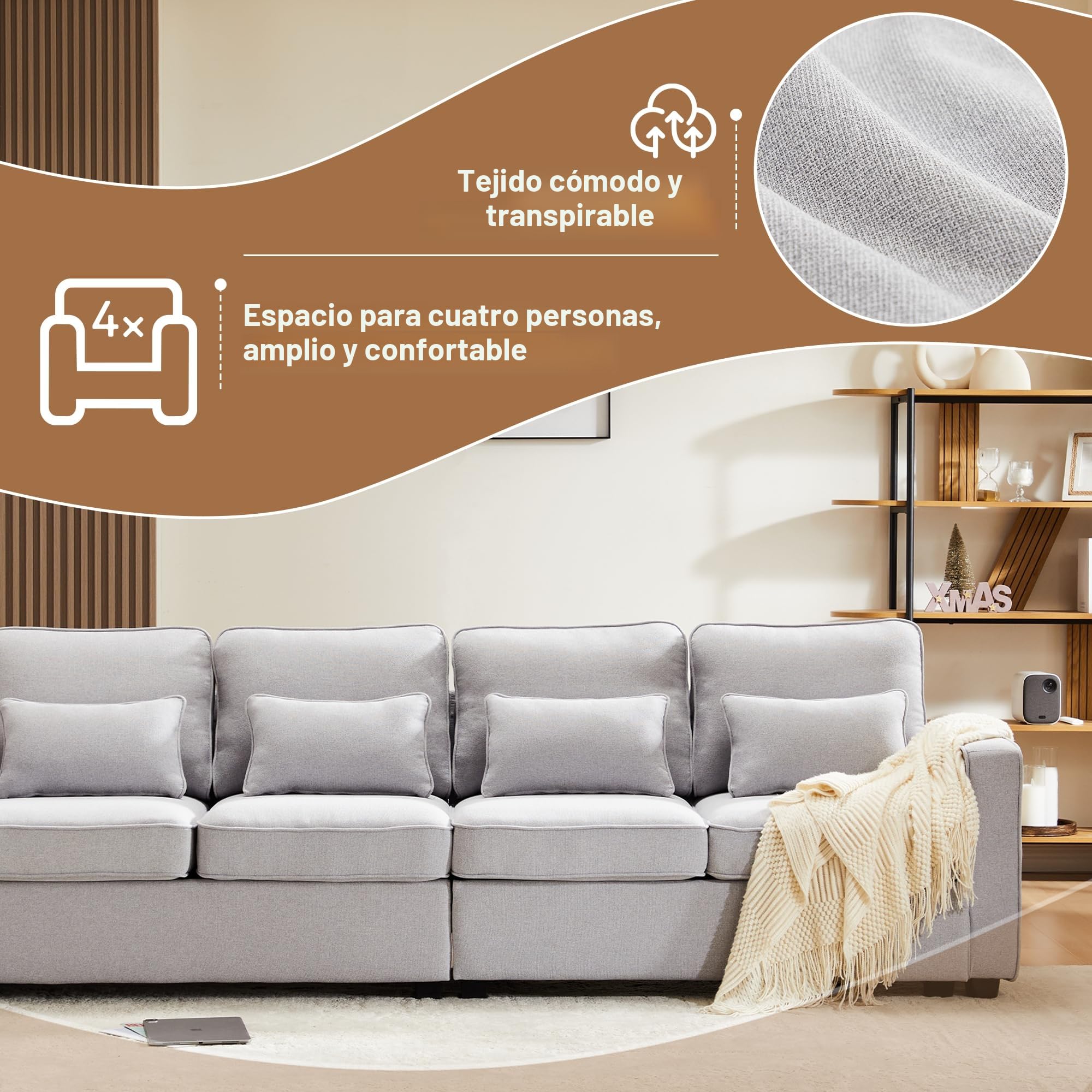 Sofá moderno de 4 plazas en tela de lino, sofá de cuatro plazas con bolsillos para apoyabrazos y 4 cojines, sofá de estilo simple, adecuado para sala de estar, casa, oficina (Gris)