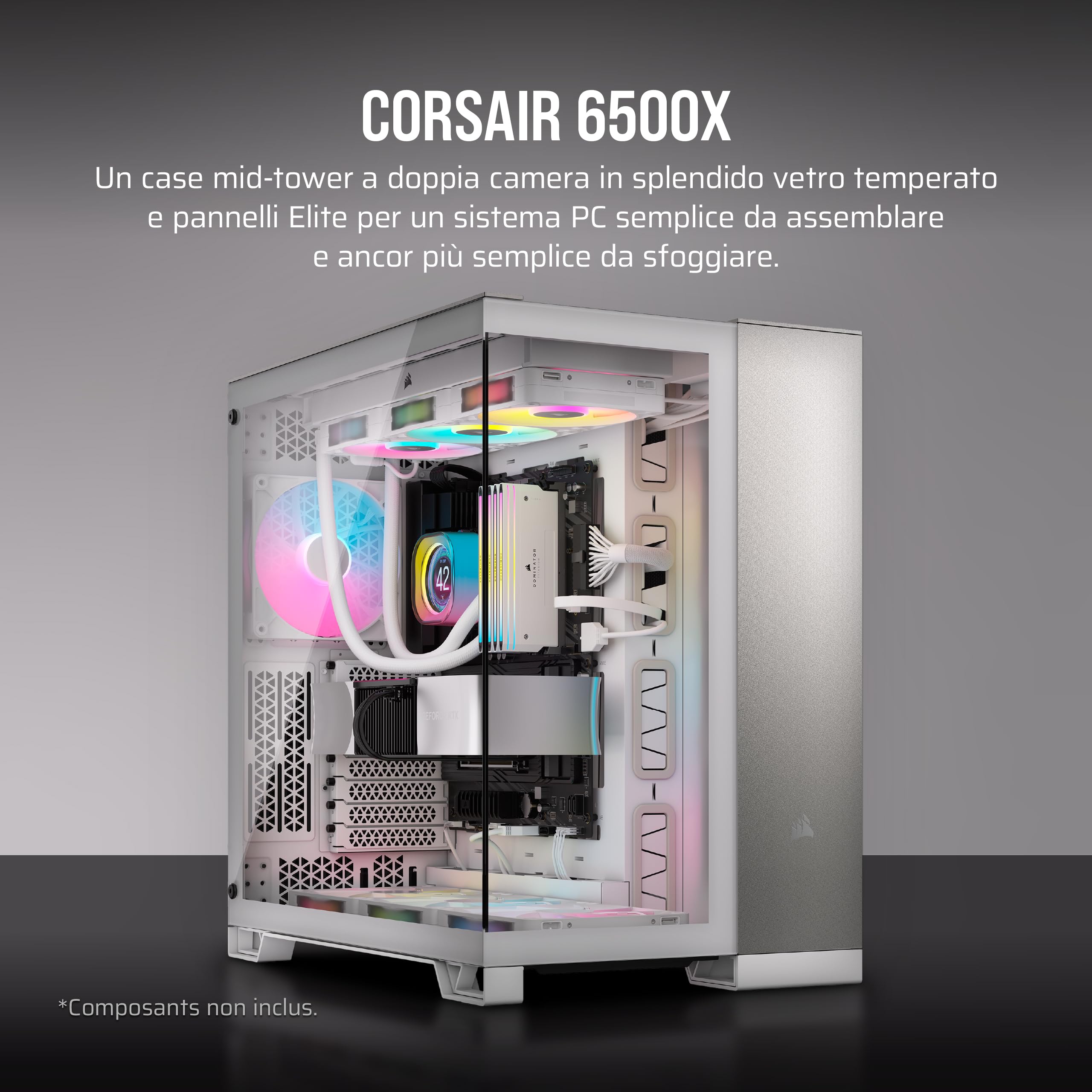 CORSAIR 6500X Mid-Tower ATX Case per PC a Doppia Camera - Vetro Temperato Panoramico - Compatibile con Scheda Madre a Connessione Inversa - Nessuna Ventola Inclusa - Bianco/Alluminio Grigio Satinato