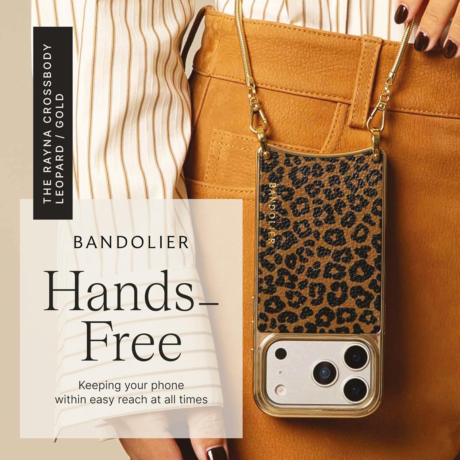 Bandolier Rayna Crossbody Phone Case for iPhone 17 Pro. 100% Genuine Pebble Leather. Leopard with Gold Hardware. Removable Strap. Magnetic Backing. Magsafe Compatible