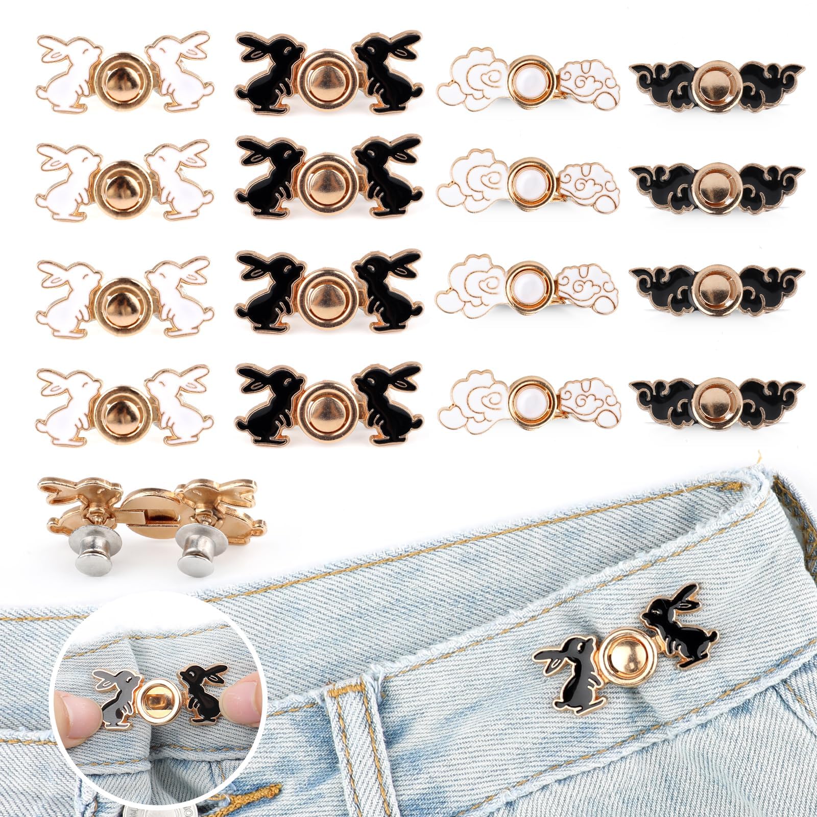 Nexlynk 16 Pairs Rabbit Cloud Waist Tightener Clips for Loose Jeans, Jean Waist Tightener Clips Metal Adjustable Waist Cincher Clip No Sewing Waist Tightener Clips for Clothing Skirts Dresses