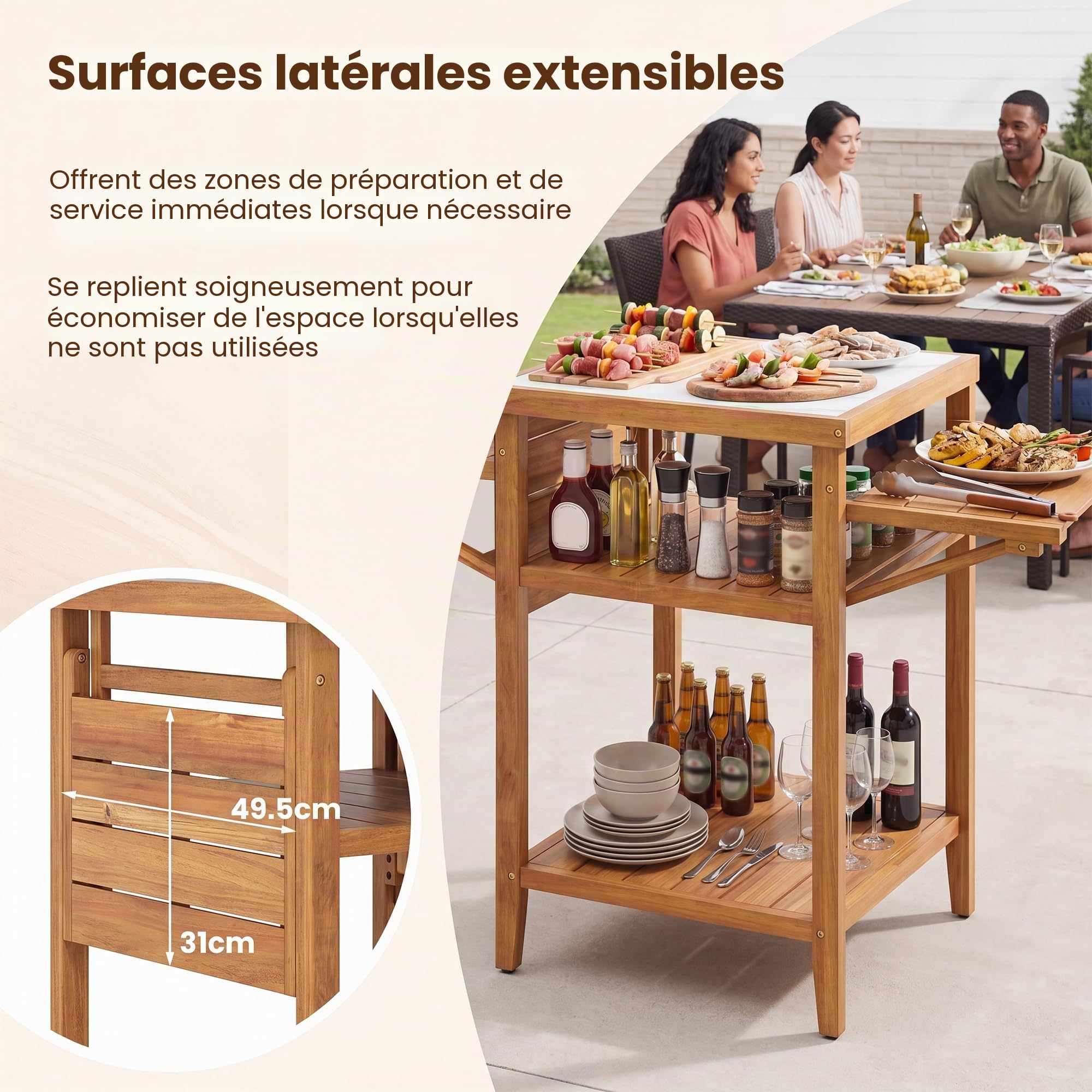 GOPLUS Table de Barbecue Extérieure en Bois d'Acacia, Desserte Plancha avec Dessus en Résine Faux Marbre, 2 Plateaux Rabattables, 2 Étagères Ouvertes, pour Jardin, Terrasse, 124,5 x 60 x 89,5 cm