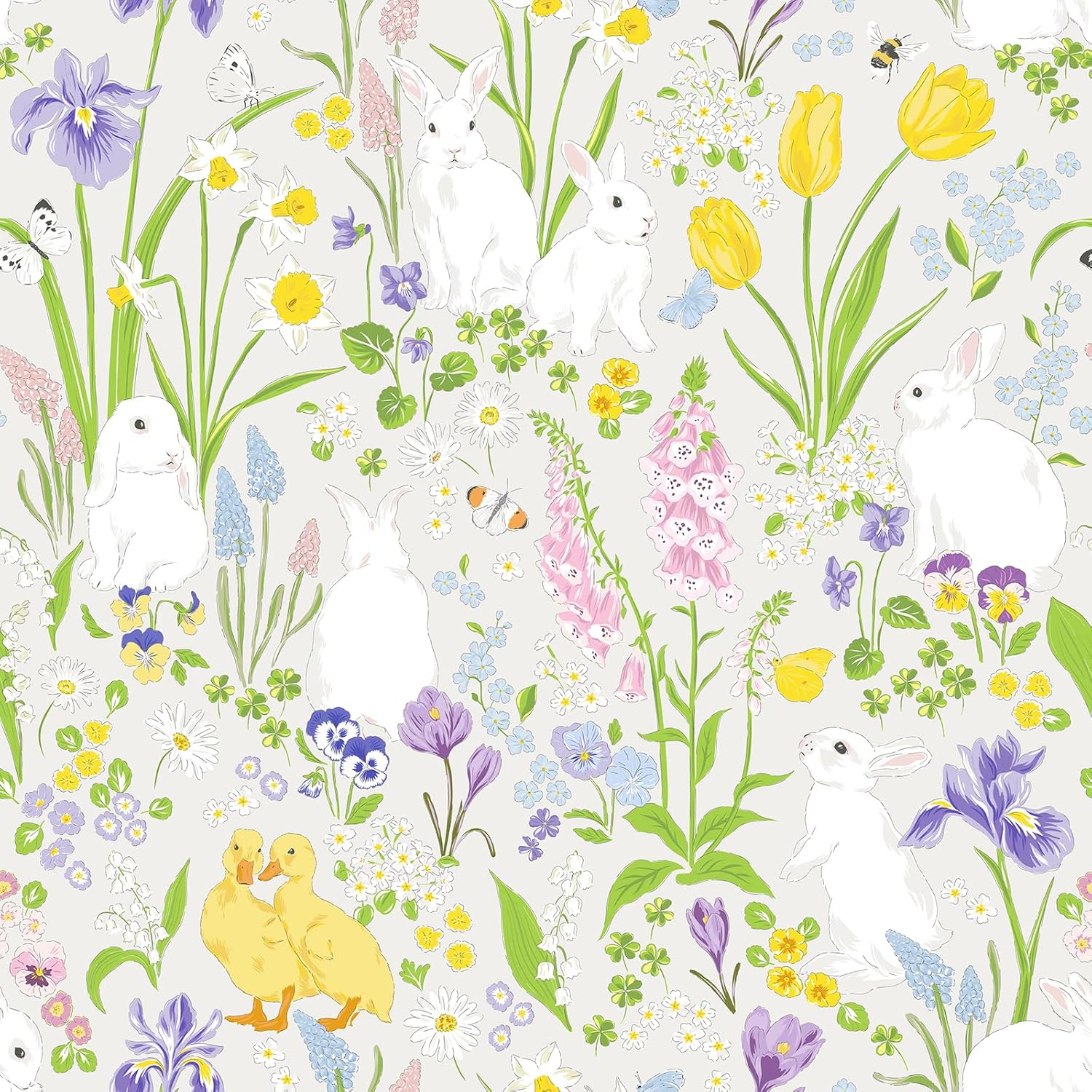 CRE8TIVE Off-White Rabbit Floral Peel and Stick Wallpaper Country Cottagecore Cute Bunny Duck Plant Wallpaper Renter Friendly Prepasted Floral Contact Paper for Cabinets Girls Bedroom Nursery 12"x118"