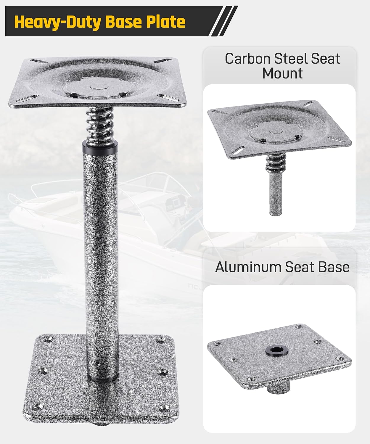 Wyckoff Boat Seat Pedestal Base Mount Kit, 7" x 7" Heavy-Duty Aluminum Base, 3/4" Pin Post & Locking Swivel Mount, Corrosion-Resistant Marine Pedestal Plate for Pontoon Fishing Bass Boats