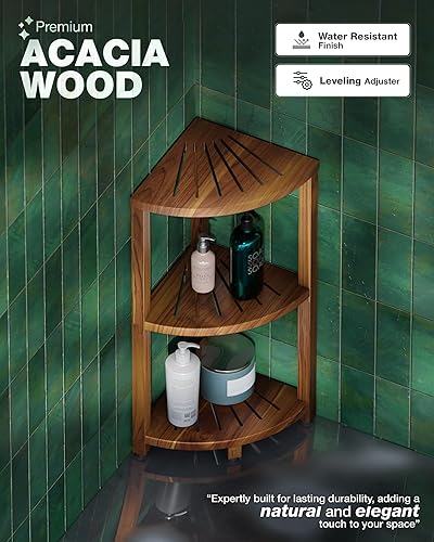 Miniatura 5 de BLUEWEST Soporte esquinero de ducha de 3 niveles, organizador de ducha de madera con pies antideslizantes, estante de esquina de baño impermeable y