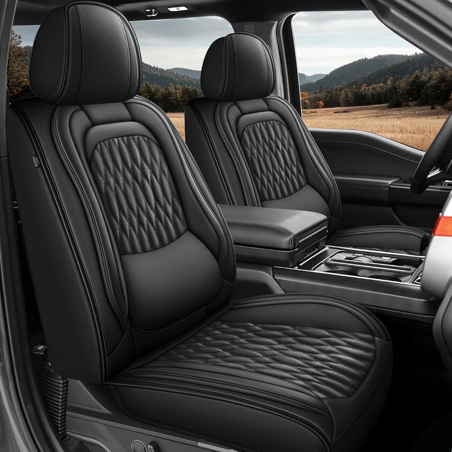 Ford F150 2009-2026 Seat Covers F250/F350/F450 2017-2025 2026 Leather Car Seat Covers Full Set Car Seat Cover for Crew Cab XL XLT Lariat King Ranch Platinum with Lumbar Support(Black)