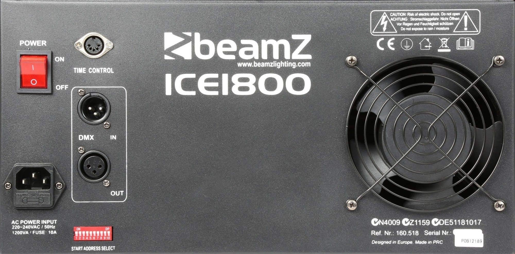 BeamZ ICE1800 Machine à Fumée Lourde, 1800 Watts, Mode DMX, Télécommande filaire 3 m, Réservoir 1.3 L, Idéal pour Créer de la Fumée au Sol avec des Glaçons pour Mariages et Halloween