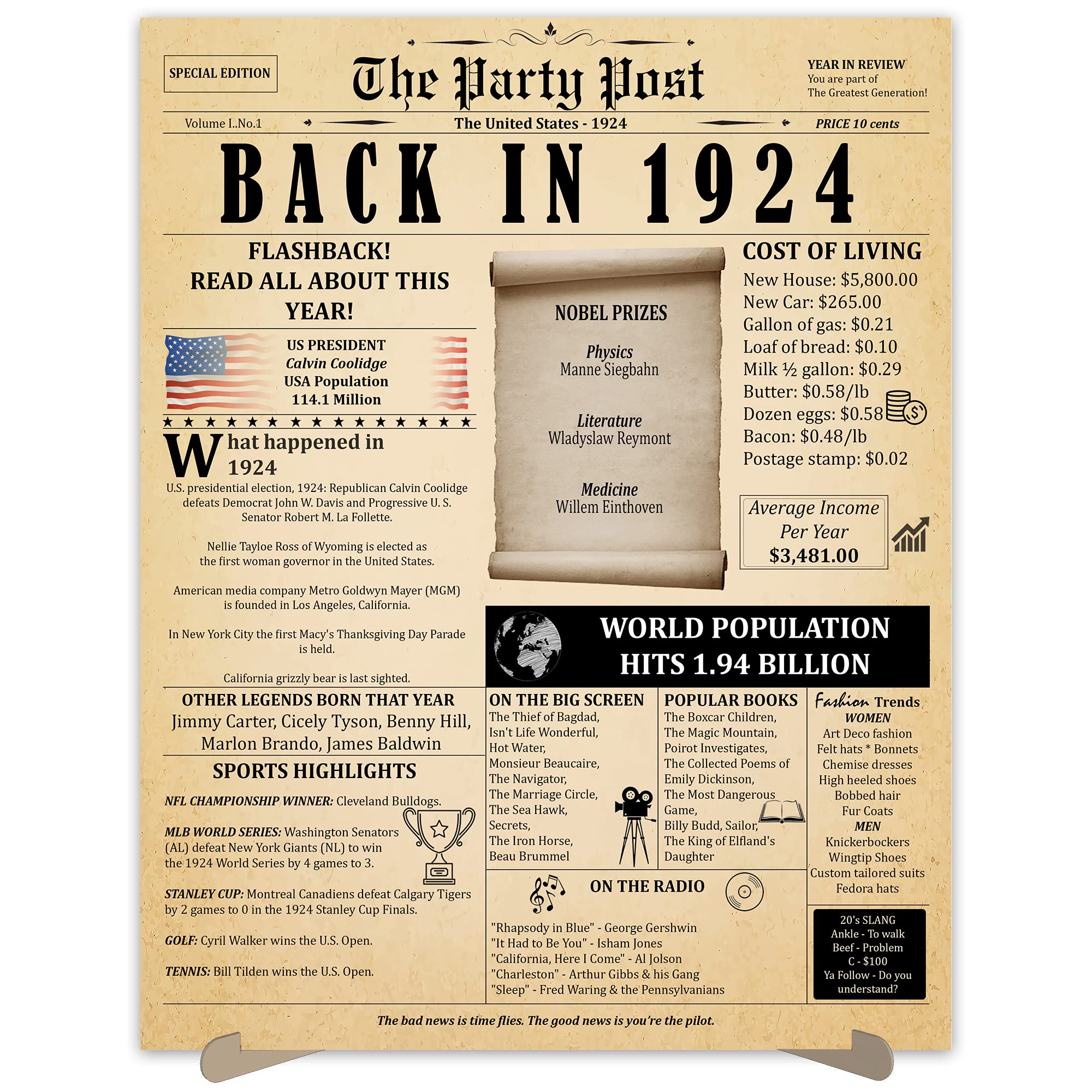 100th Birthday Party Decorations Poster - 100 Years Ago Anniversary Sign 11x14 In. Vintage Home Decor Supplies for Her or Him. Back In 1924 Historical Banner for Girl or Boy Turning 100 Years Old