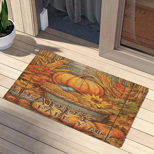 Felpudo decorativo para puerta de exterior con texto en inglés "Happy Fall Y'all", diseño de calabaza, girasoles y calabaza, fácil de limpiar, 24 x