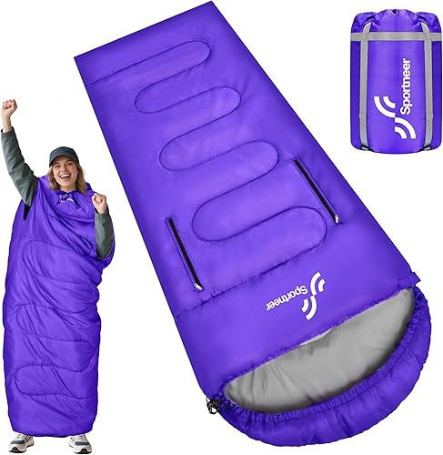 Sportneer Saco de dormir portátil de 0 grados para adultos y niños - Caminable con cremalleras en los brazos, impermeable y cálido, compacto para