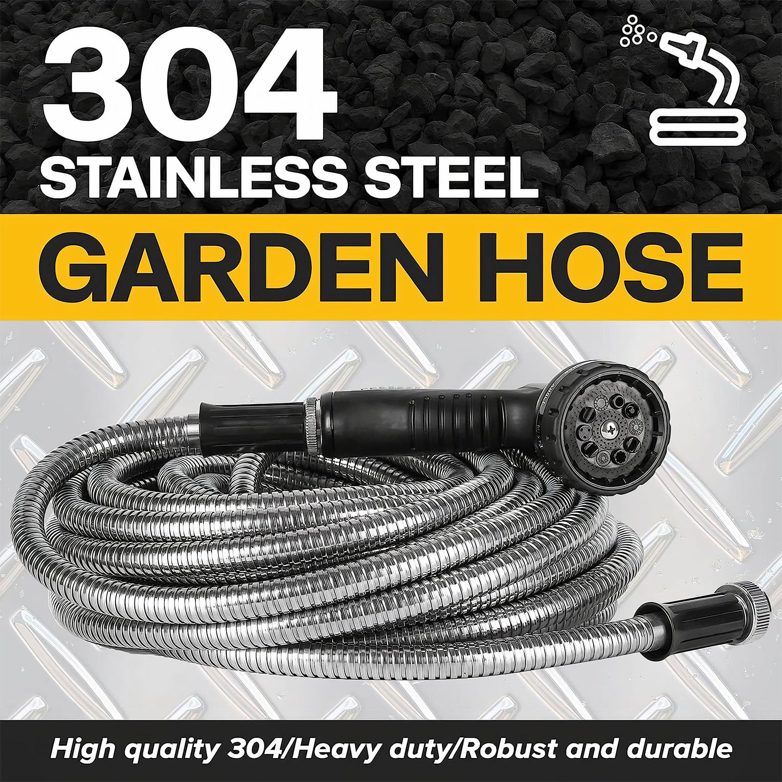 Manguera de agua de acero inoxidable 304 de 50 pies, dos pulverizadores de boquilla de 10 + 6 modos, sin torceduras y duradera, ligera, para césped, lavado de autos, patio, ideal para propietarios de