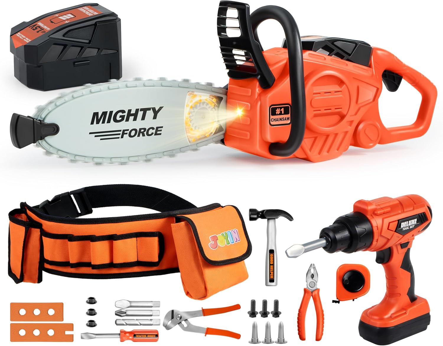 Mighty Force Chainsaw Toy and Kids Tool Set, Realistic Lights, Sounds & Spinning Action, Safe Design with Easy-Grip Handle, Toddler Power Toy Tool with Construction Tool Belt