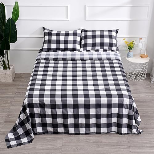 Bed Sheet Set 4 Piece -Full Size-Soft Durable Microfiber Bedding Sheet Set,Deep Pocket,Stain,Fade & Wrinkle Resistant (Plaid Black&Grey&White)