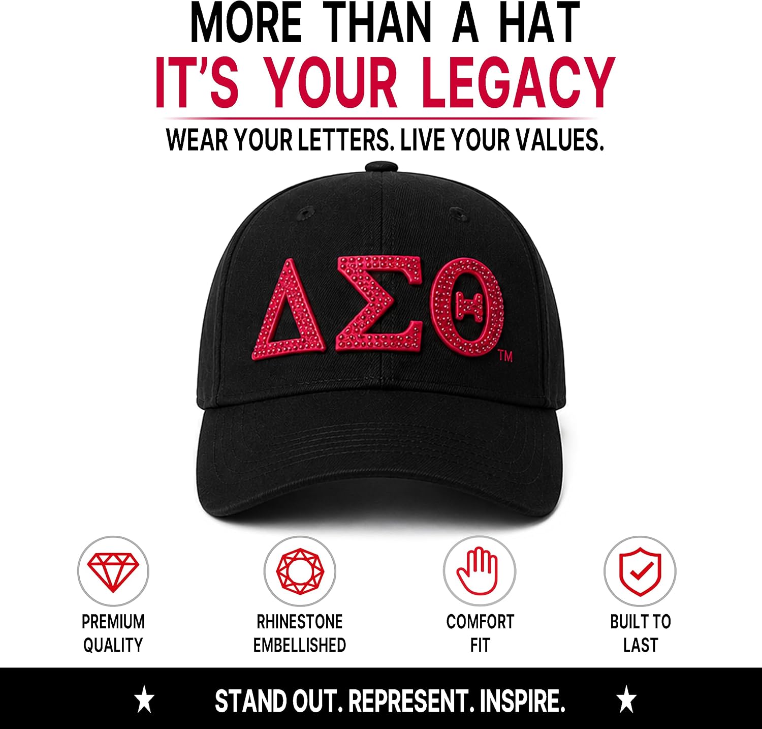 Officially Licensed Delta Sigma Theta Sorority Design Baseball Cap, Adjustable Rhinestone Hat with ΔΣΘ, 1913 Side Embroidery