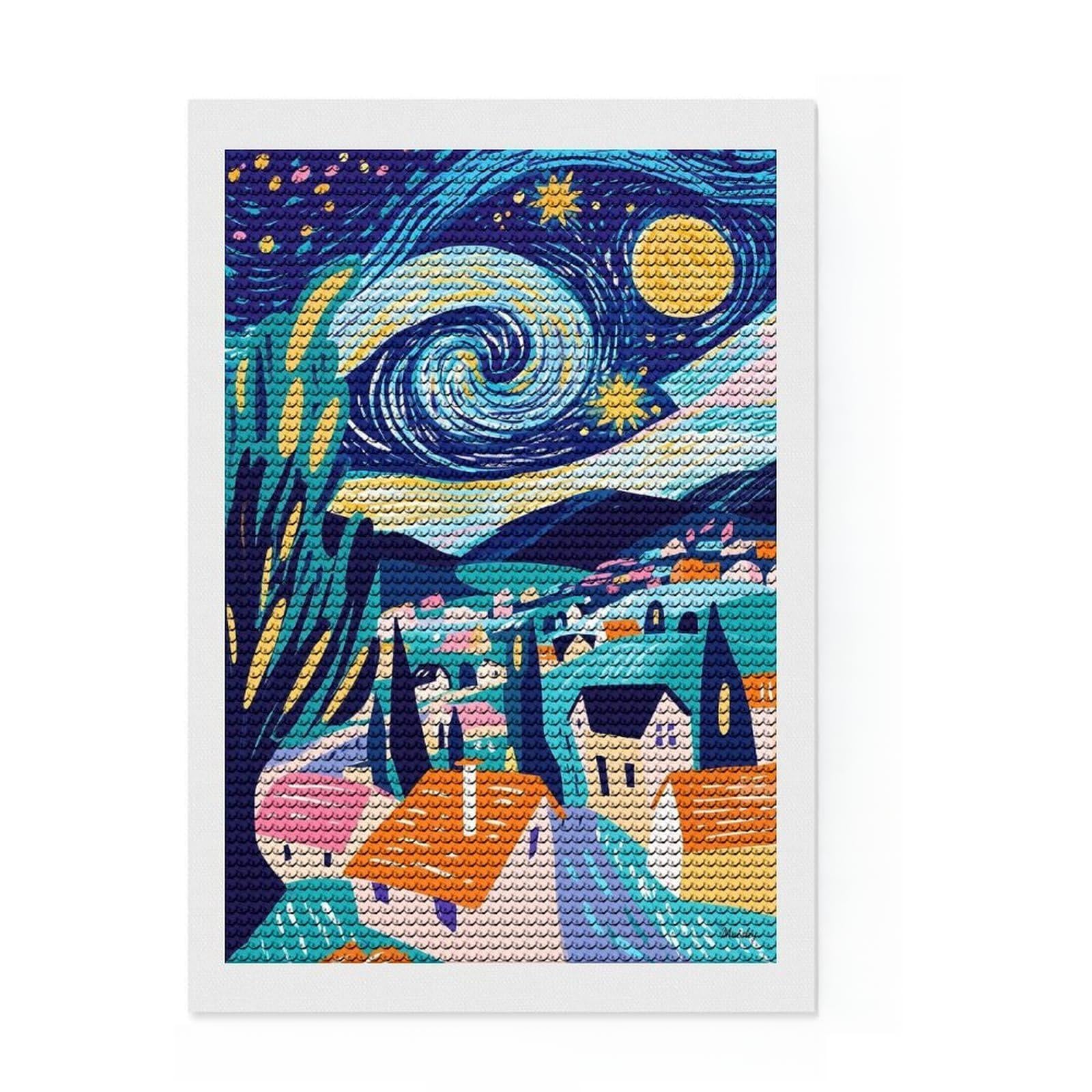 Junmoney Vivid Fauvist Vision of Starry Night Diamond Art Canvas 8"x12", Sparkling Round Gems, Neat Printed Canvas, with Tool Kit, Office Decor, Printed Canvas