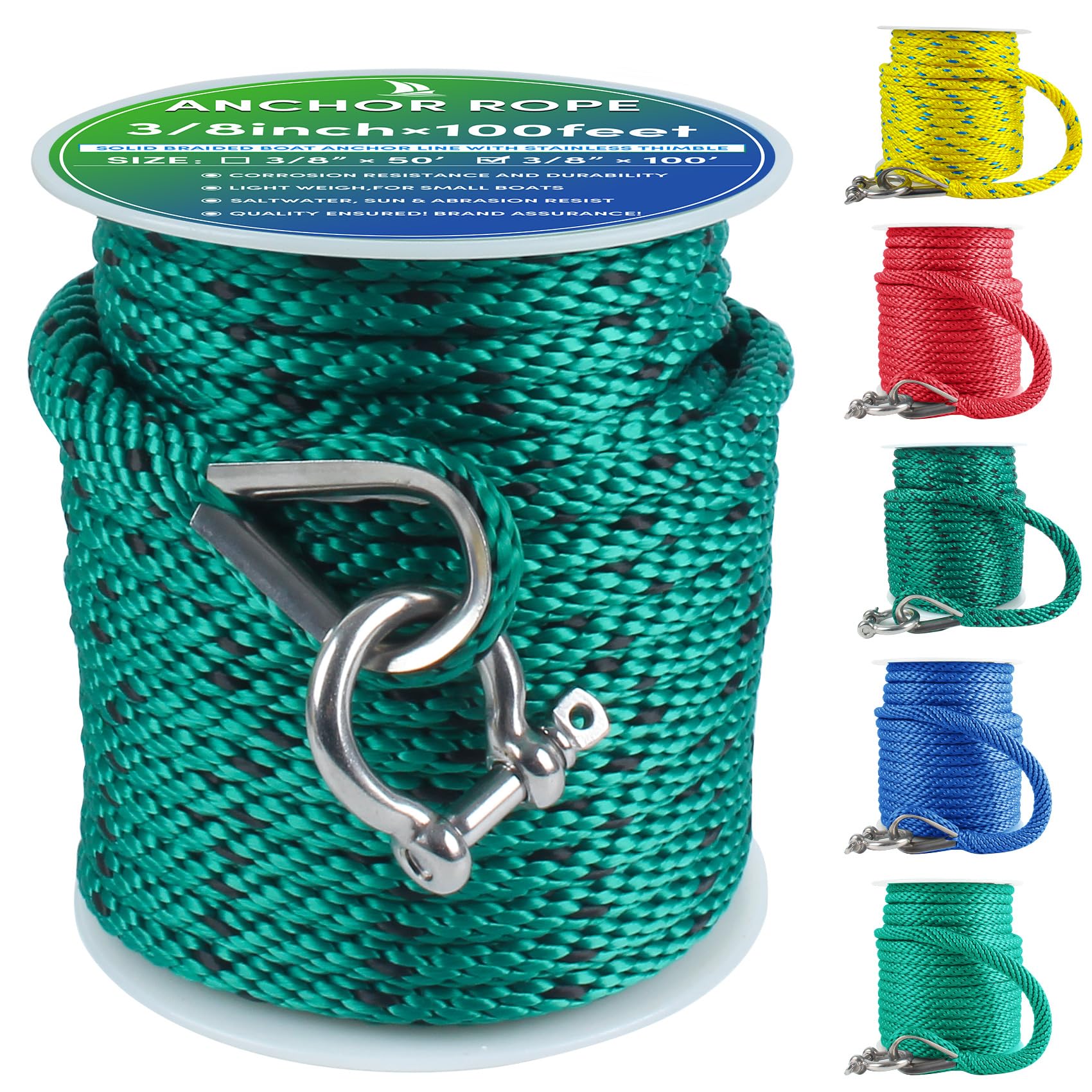 Premium Anchor Rope 100 ft x 3/8 inch, Solid Braid MFP Boat Anchor Rope with Thimble & Shackle -Forest Green/Black