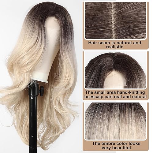 Miniatura 4 de KOME Long Ombre Platinum Blonde Wavy Wig for Women,Middle Part Curly Wavy Wig, Natural Looking Synthetic Heat Resistant Fiber Wig for Daily Party