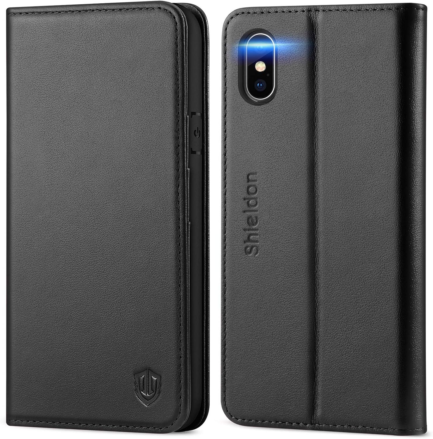 SHIELDON iPhone Xs Case, Genuine Leather iPhone Xs Wallet Folio Case with Auto Sleep Wake Function, Magnetic Closure, RFID Blocking Card Slots, Soft Back Cover Compatible with iPhone Xs - Black
