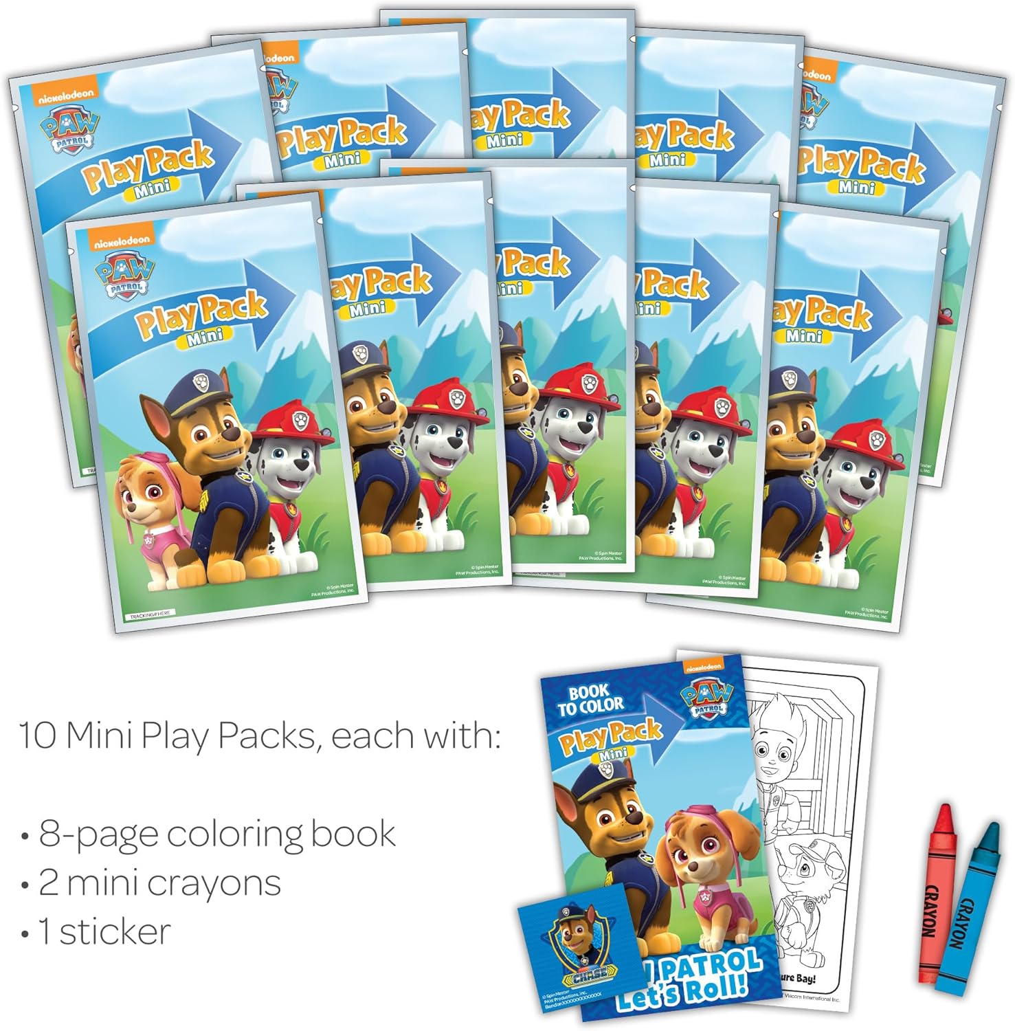 PAW Patrol Mini Play Packs Party Favors - 10 Pack Coloring Activity Set with Stickers & Crayons for Kids, Classroom Prizes, Birthday Gift Bag Toys