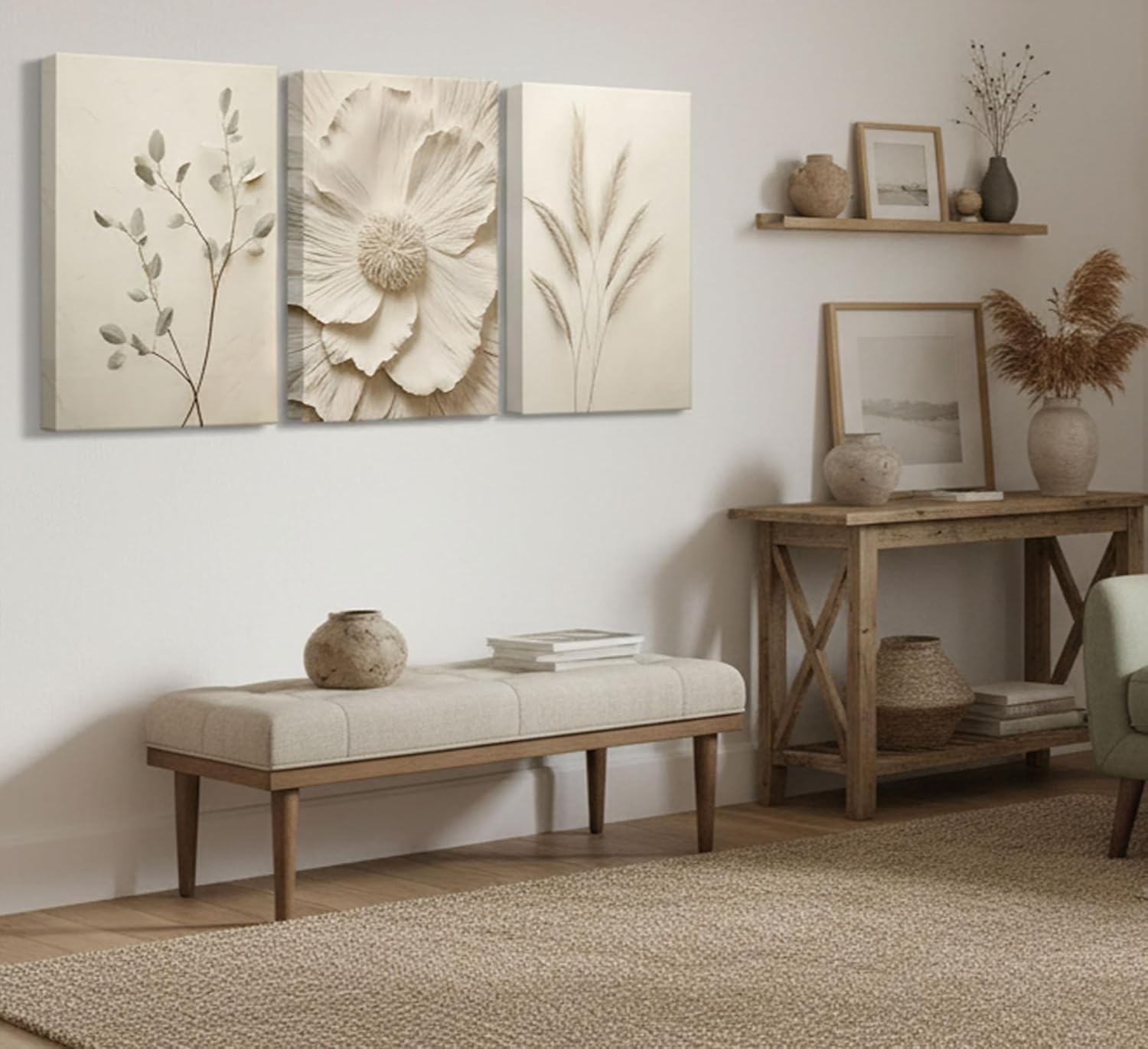 3Pcs Neutral Beige Floral Plant Canvas Wall art Textured Flower Botanical Painting Picture Wall Decor Vintage Blossom Poster Prints for Living Room Bedroom Bathroom Decoration