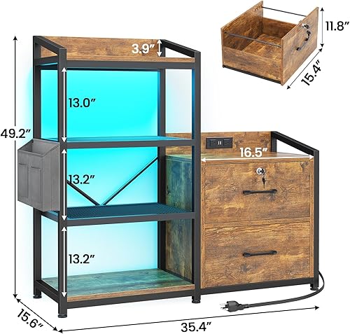 Miniatura 2 de SEDETA Archivador de 35.4 pulgadas, archivador para tamaño cartaA4, 2 borradores para oficina en casa con tira de alimentación, luces LED,