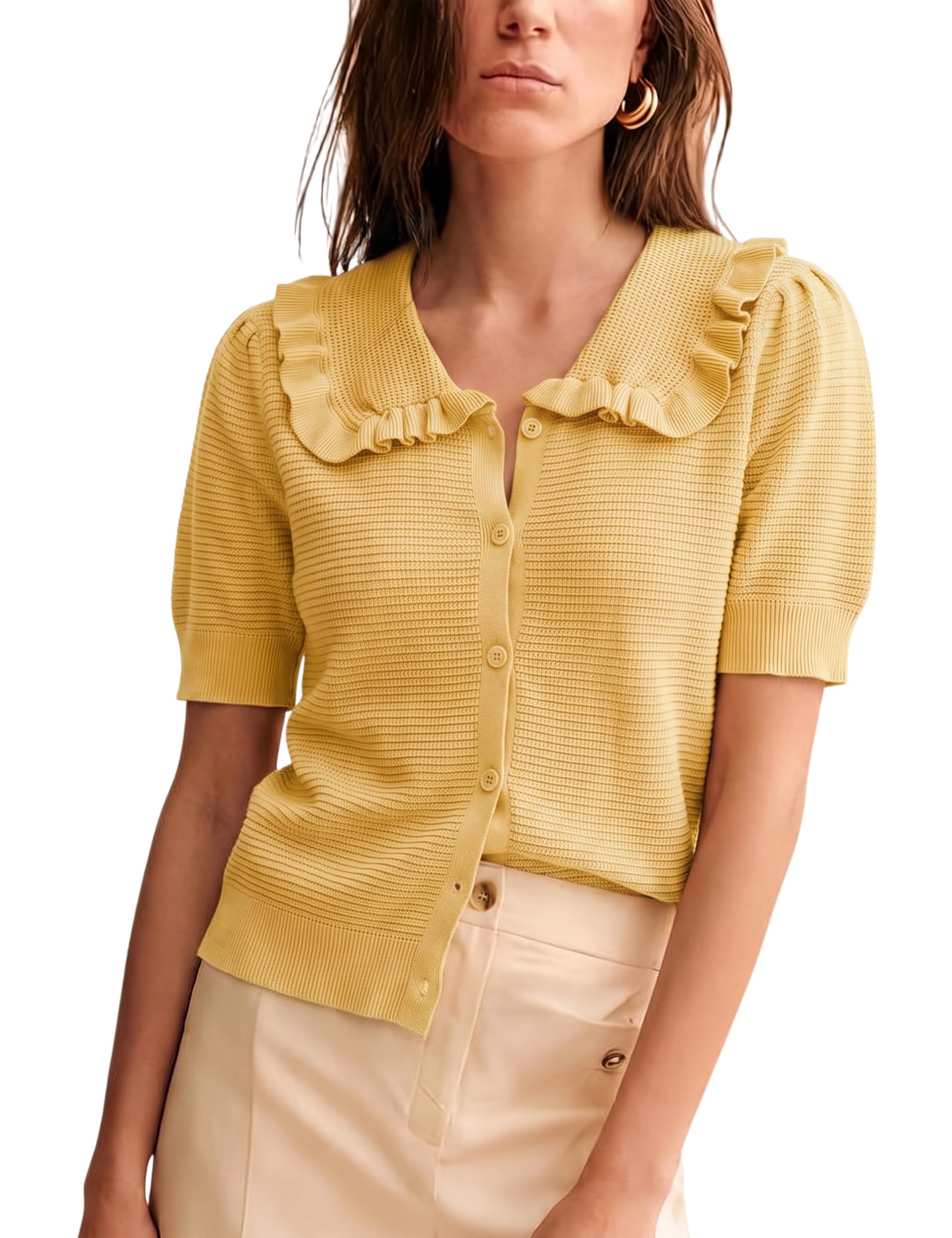 Watashi Womens Ruffle Collar Puff Short Sleeve Knit Sweater