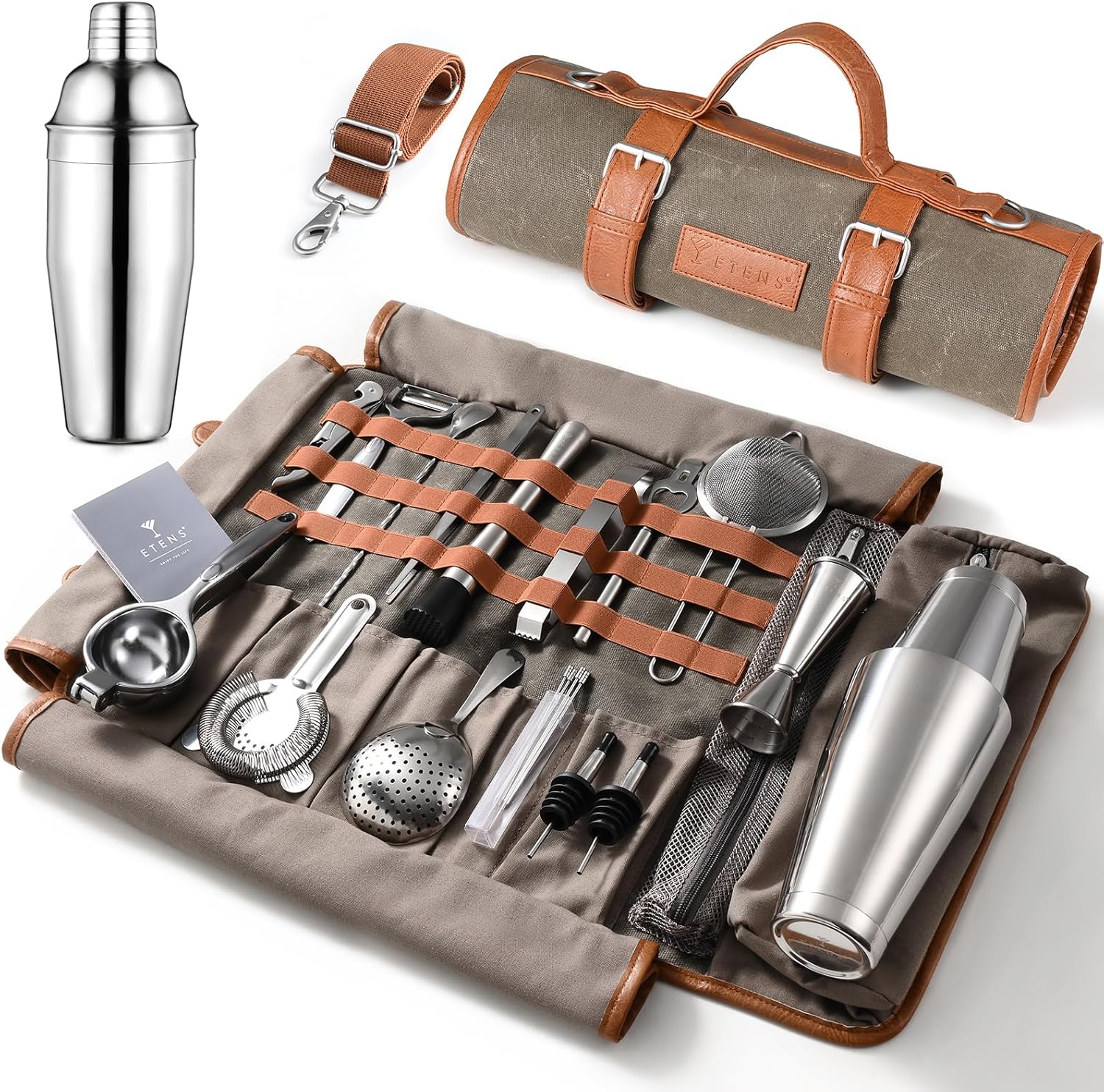 Travel Bartender Kit and Cobbler Shaker Bundle Set