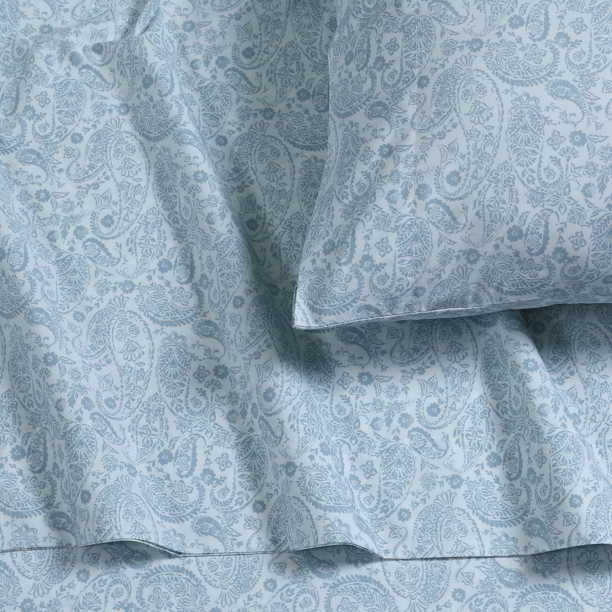 Photo 1 of **GREY**Tribeca Living Cotton Percale Sheets King Size, Extra Deep Pocket Bed Sheet Set, 300 Thread Count, Printed Danielle Paisley Blue Danielle Paisley Blue King