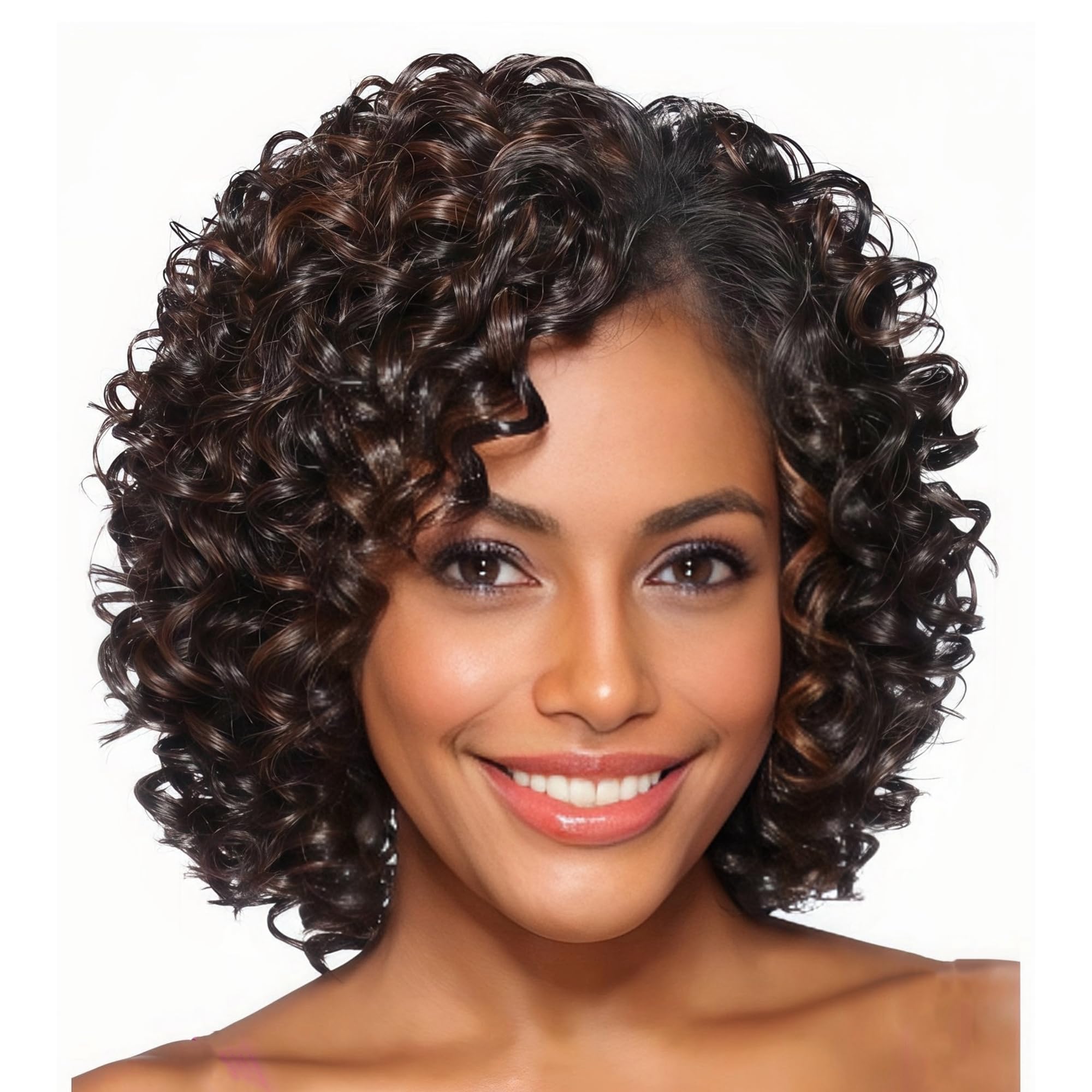 XIUFAXIRUSI XIUFAXIRUSI Short Curly Afro Wigs for Black Women Brown Curly Wig with Side Bangs Synthetic Full Hair Wig