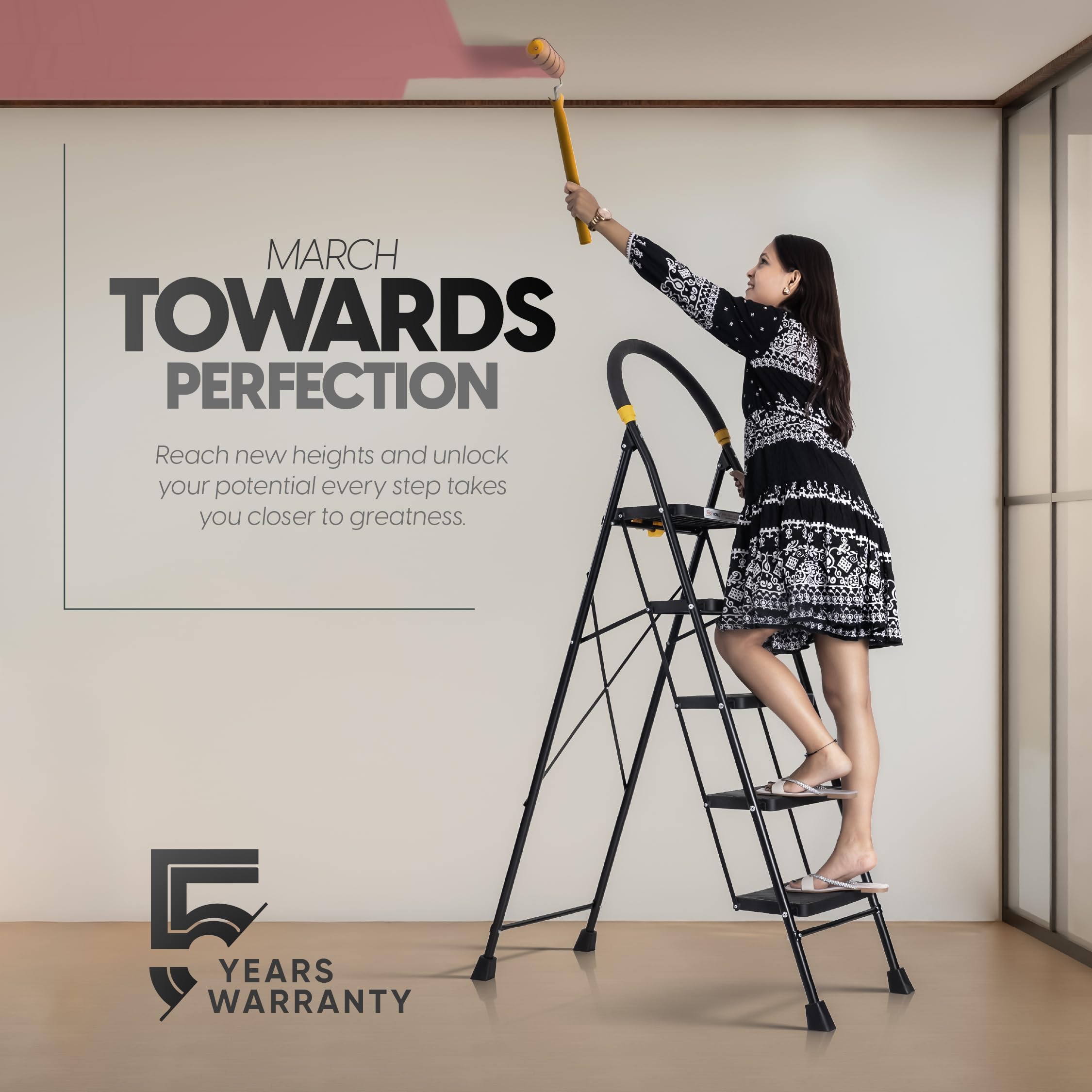HOUZA Steel Ladder for Home 5 Steps Foldable with Anti-Skid Wide Steps (30cm x 20cm) | 5 Step Ladder for Home Use with Secure Lock | 150 Kg Load Capacity Folding Ladder | 5 Year Warranty (Black) — Amazon image 5
