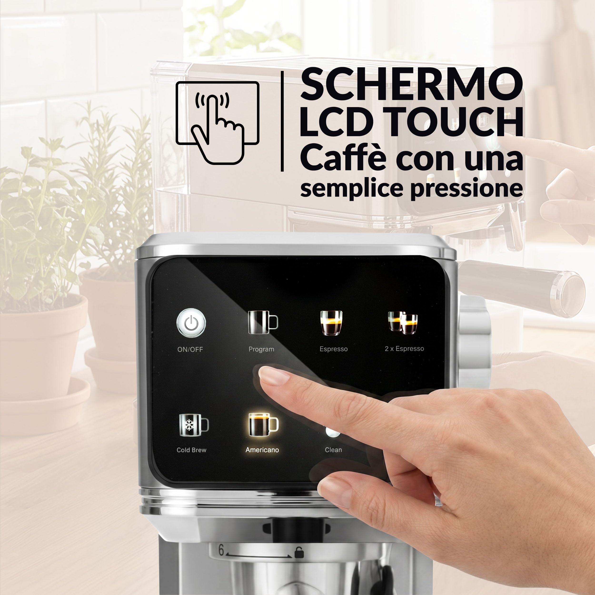 LEHMANN Bellagio Macchina Espresso 20 Bar con Montalatte | Per caffè macinato e capsule da 37 mm, display LCD touch, Cold Brew, Americano, serbatoio acqua 1,2 L