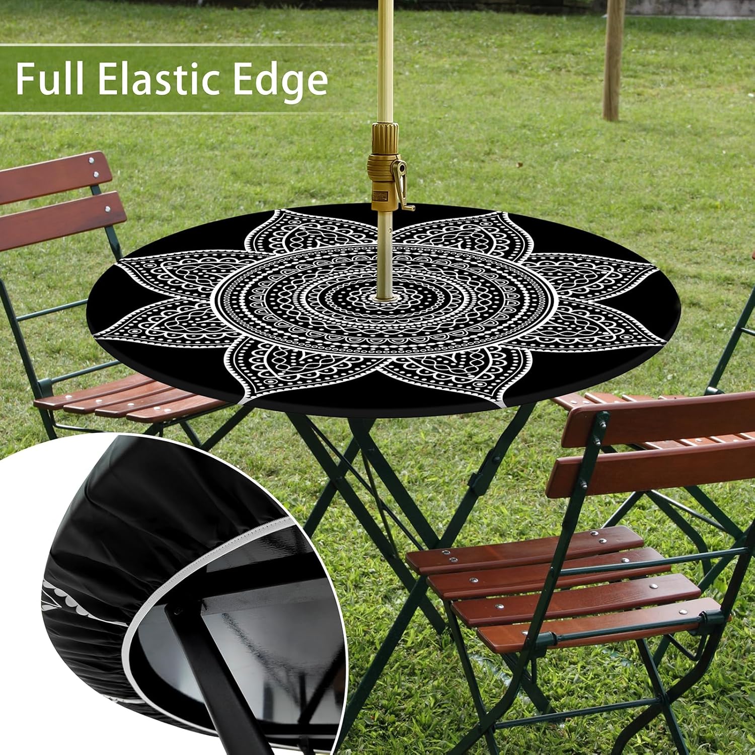 Outdoor Tablecloth with Umbrella Hole Waterproof Polyester Round Fitted Tablecloth with Elastic Zippered Table Cloth Round Cover for Picnic, Party (Black, 45''-52'')