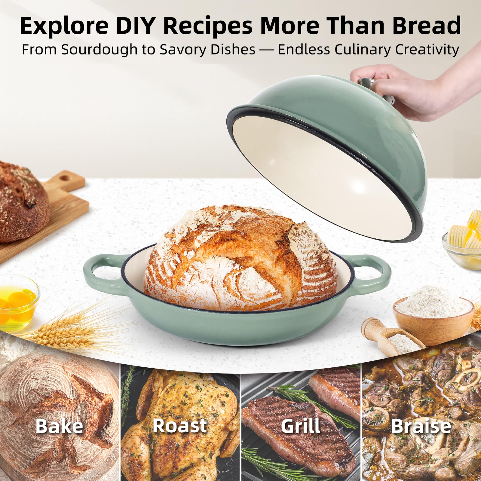 Homtone Horno holandés de hierro fundido esmaltado de 5,2 L/26 cm para pan de masa madre, olla holandesa con tapa abovedada, olla de pan de hierro fundido (verde polvoriento, estándar)