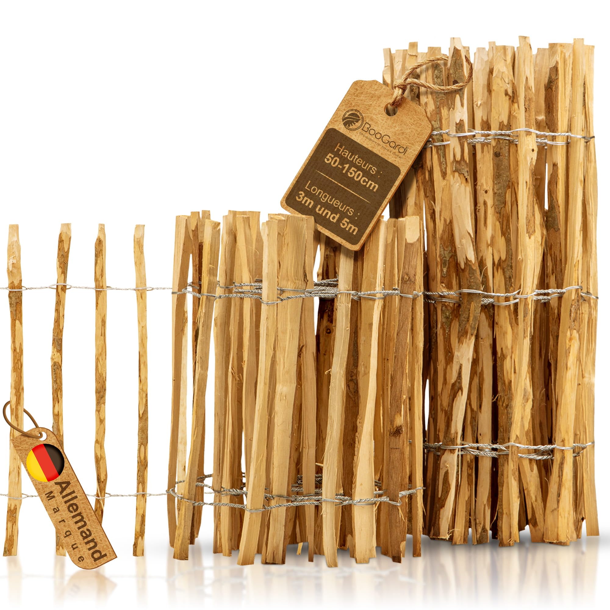 BooGardi clôture ganivelle bois 50 cm x 5 m en noisetier - clôture jardin à lattes, bordure bassin et potager - espacement 3 à 5 cm