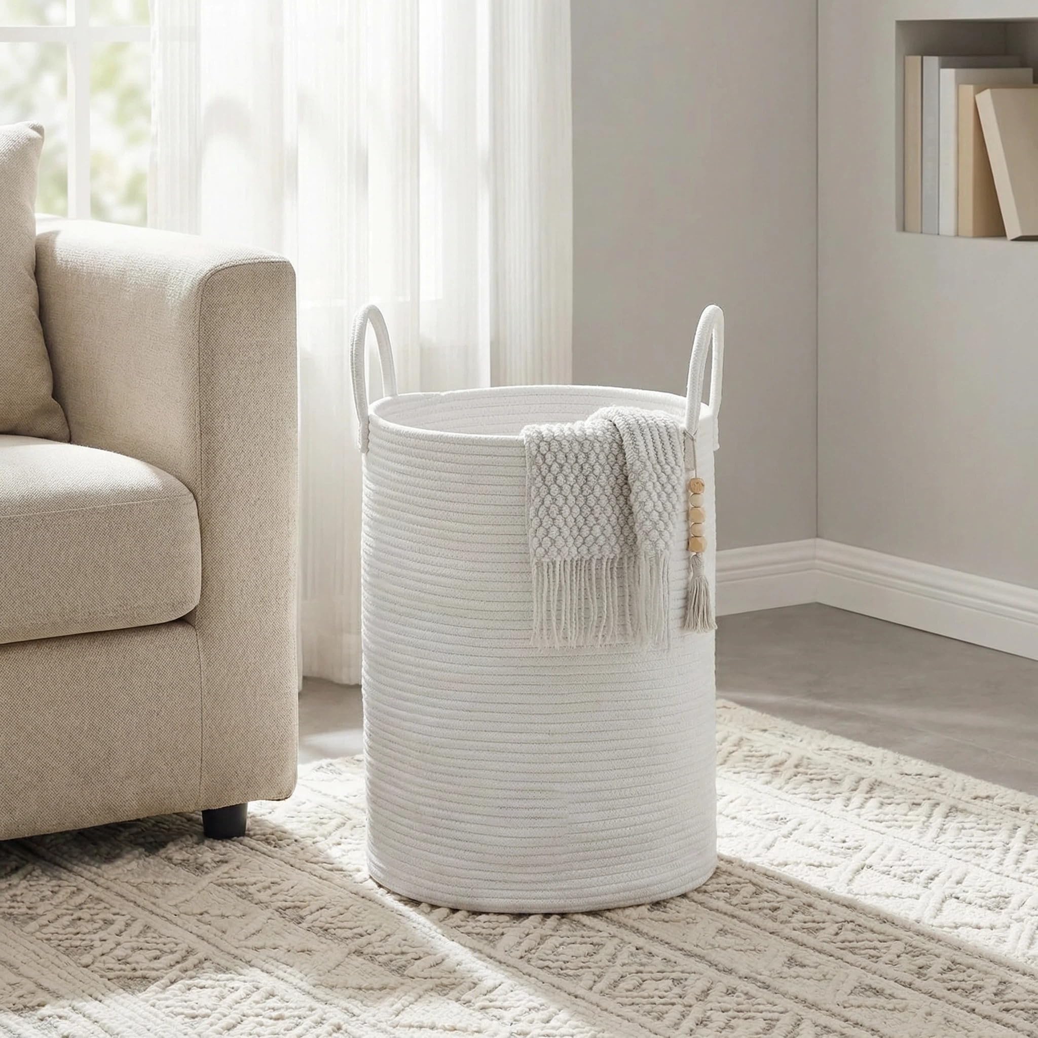 Grande cesto portaoggetti in corda di cotone intrecciato da 60 l, con manici, alto per biancheria e giocattoli, per asilo, soggiorno e camera da letto, cestino morbido e pieghevole (bianco)