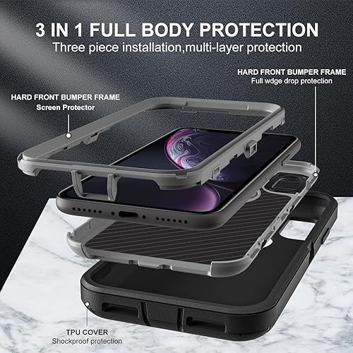 Miniatura 4 de Funda para iPhone XR, grado militar 3 en 1, resistente a los golpes, a prueba de caídas, polvo con 2 protectores de pantalla de vidrio templado