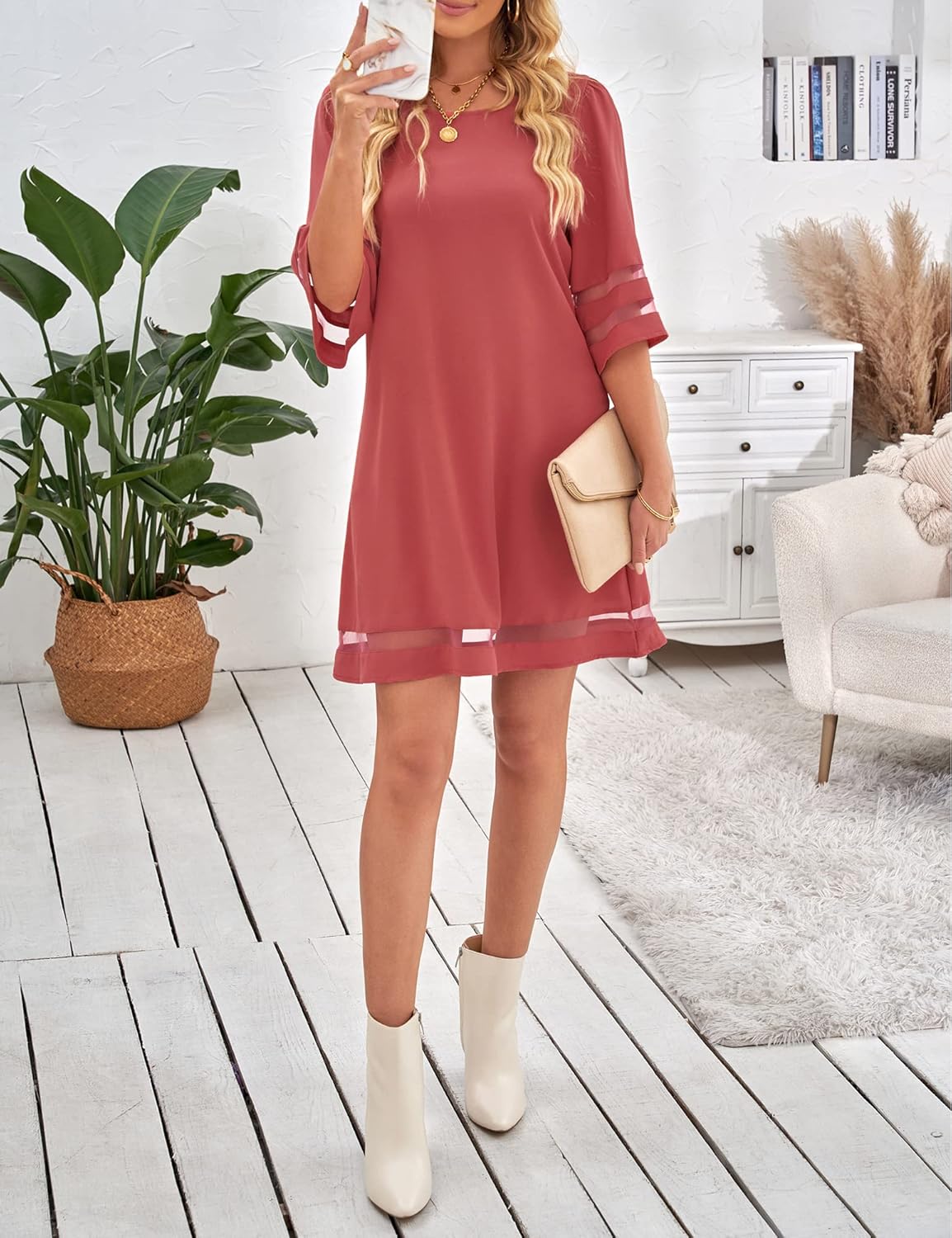 LookbookStore Women Casual Crewneck Mesh Panel 3/4 Bell Sleeve Loose Tunic Dress - Image 3